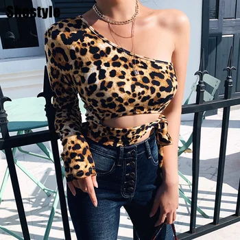 

Shestyle One Shoulder Leopard Sexy Crop Tops Bandage Long One Sleeve Slope Neck Bodycon T Shirts Summer Spring New Clothes Tees