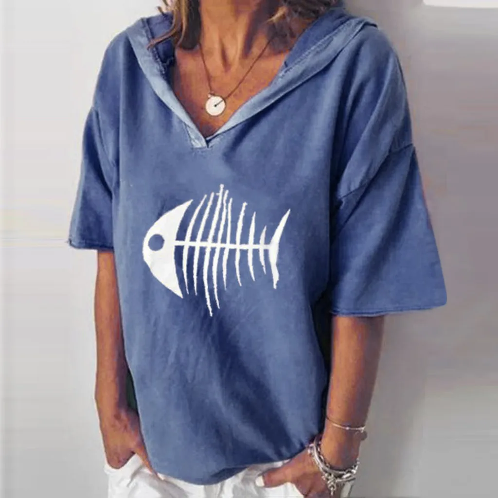 

New Large Size Loose Fashion Women T-shirt Solid Color Fish Bone Print Hooded short-sleeved T Shirt Summer Top High Quality 5XL