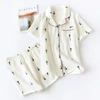 New ladies pajamas suit summer comfortable cotton gauze lapel pajamas suit women thin loose cartoon carrot printing home service - Image 2
