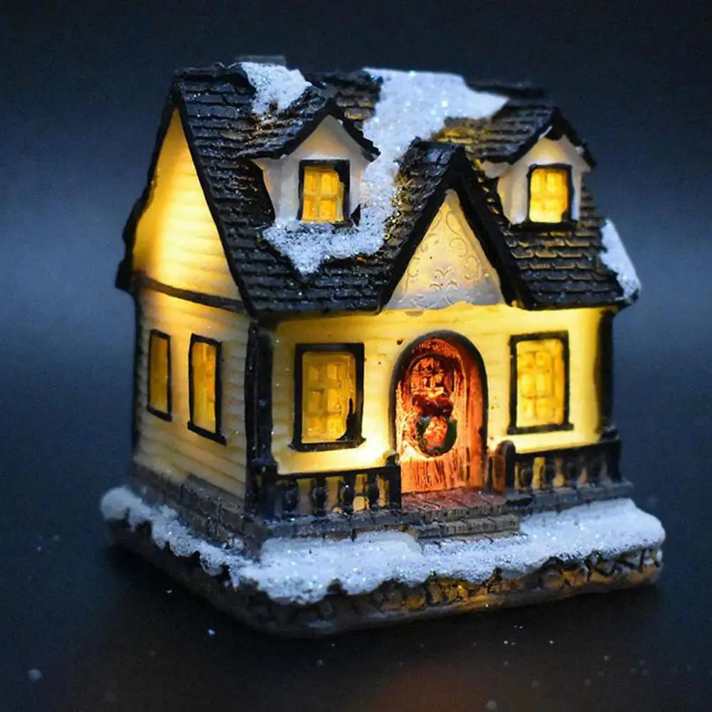 

Miniature Figurines Cute Dreamy Snow Scene Cottage House with Light Christmas Desk Ornament Accessories Craetive Kids Toy Gift