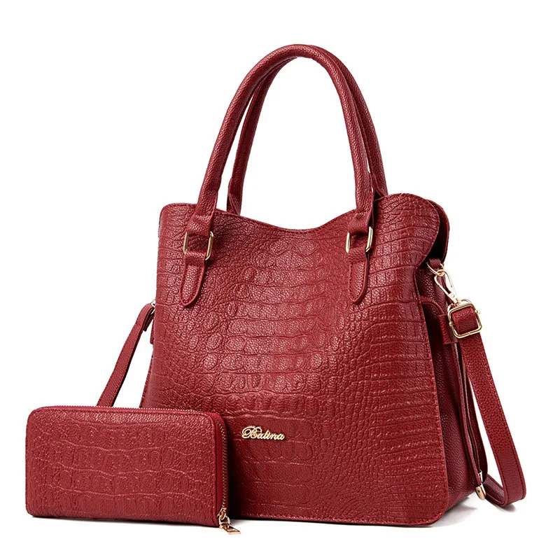 IMYOK, 3 шт., новинка, женская сумка, модная сумка для мамы, кожаные сумки, крокодиловый узор, сумки на плечо, роскошные женские сумки-тоут, дорожные - Цвет: Красный