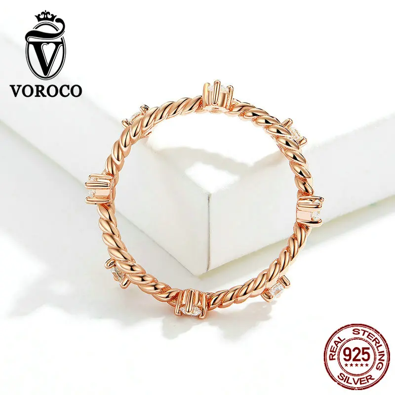 Voroco настоящий 925 пробы Серебряная роза витая веревка кольцо дизайн браслет с кристаллами циркония кольцо для женщин хорошее ювелирное изделие BKR577