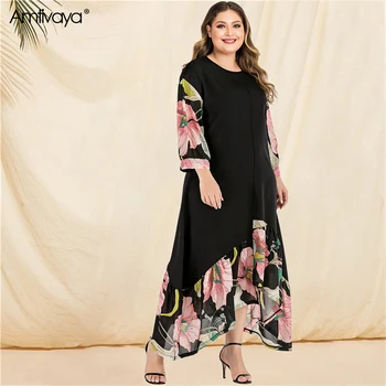 

Amtivaya Plus Size Dress Fall 2019 Fashion Printing Patchwork Asymmetry Cut Midi Dresses Long Sleeve O Neck Casual Women Clothes