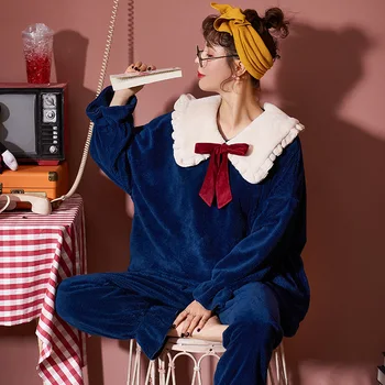

Autumn Winter Sweet Women's Pajamas Plus Velvet Bow Warm Solid Top Pants Two Piece Loose Princess Home Suit Sleepwear Female