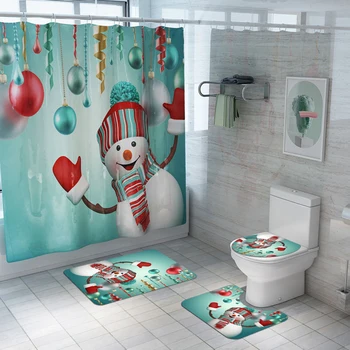 

4pcs Toilet Cover Seat Sea Style Non Slip Toilet Polyester Cover Mat Set Bathroom Accessories Set Shower Curtain Home Decoration