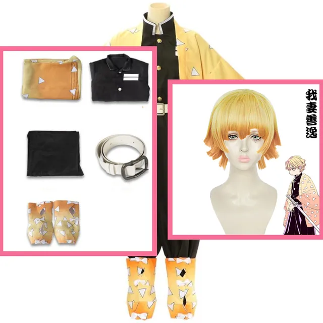 Adult Kids Anime Demon Slayer Cosplay Costume Agatsuma Zenitsu Kimetsu no Yaiba Men Kimono Yellow Uniform A4 Costume wig