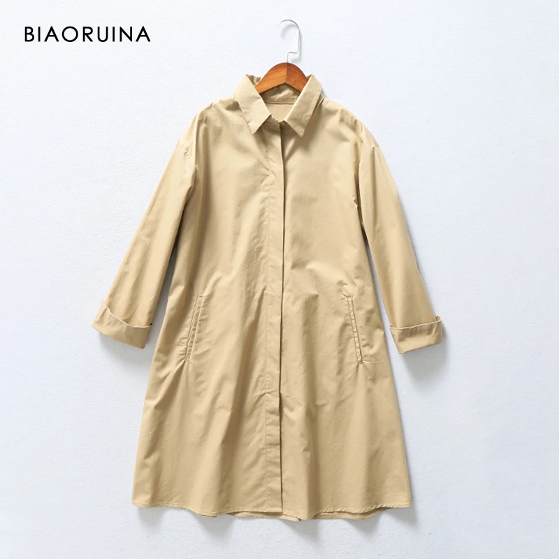 BIAORUINA, 4 цвета, женское модное одноцветное длинное ТРАПЕЦИЕВИДНОЕ пальто, женское Свободное пальто в стиле сафари, Элегантное однобортное пальто