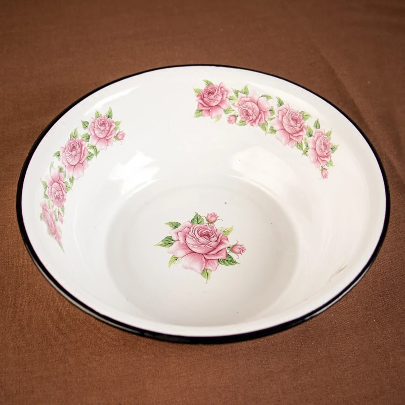Enamel Wash Basin Antique With Chinese Traditional Totems High Capacity Home Restaurant Kitchen Food Container Soup Pot