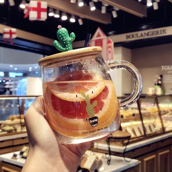 

Creative Cactus Glass Cups 400ml Girls Juice Cups Simple Tea Cup Heat Resistant Glass Coffee Cup with Cover Spoon