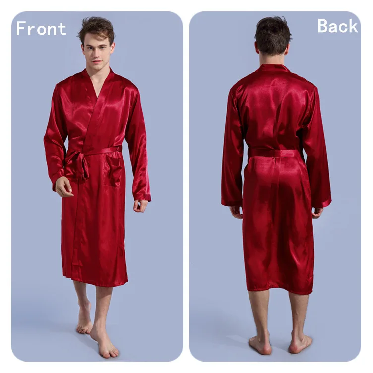 Mens Silk Satin Robes Pajamas Long Sleeve Solid Sleepwear Kimono Male Bathrobe Leisure Men Loungewear Dressing Gown 2019