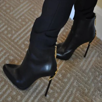 

Sexy Gold Zipper Heels Ankle Boots Pointed Toe Black Leather Short Boots Thin Heels Party Dress Shoes Drop Ship