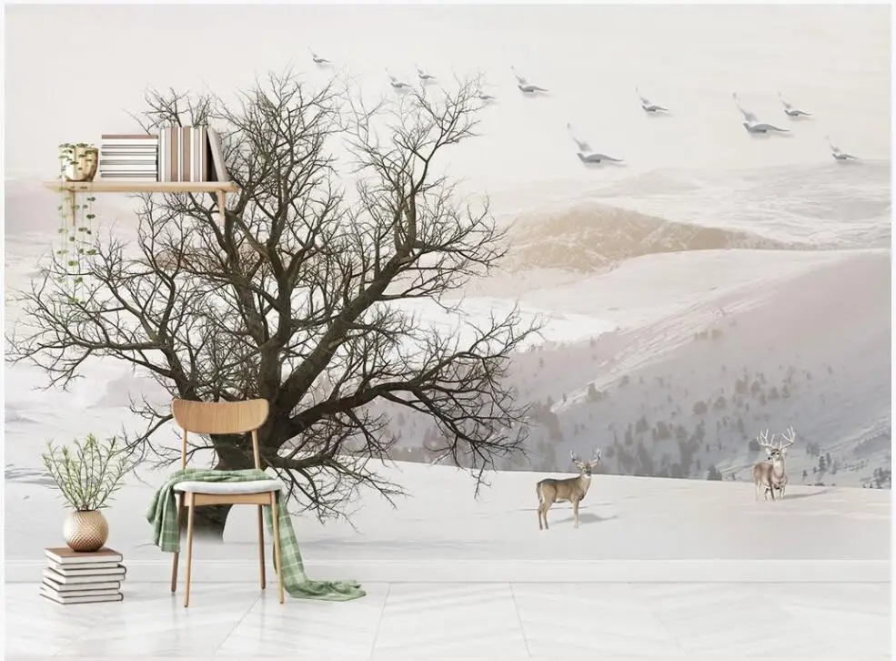 

Custom photo 3d wallpaper Snowy tree elk flying birds beautiful natural scenery decor 3d wall murals wallpaper for walls 3 d
