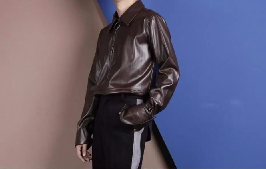 S-6XL! 2019 оригинальная металлическая молния, украшение, длинный рукав, лацканы, искусственная кожа, рубашка осень-зима, мужская одежда