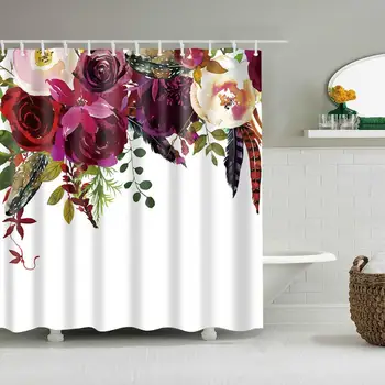 

Waterproof Thicken Red Pink Watercolor Flowers White Bathroom Polyester Mildew Proof Bath Tub Shower Curtain with 12 pcs Hooks