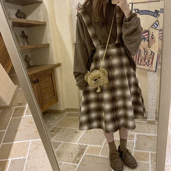 

Vintage Plaid Skirt Japanese School Uniform Lolita Winter Woolen Suspender Skirts Soft Sister Button High Waist Midi Strap Skirt