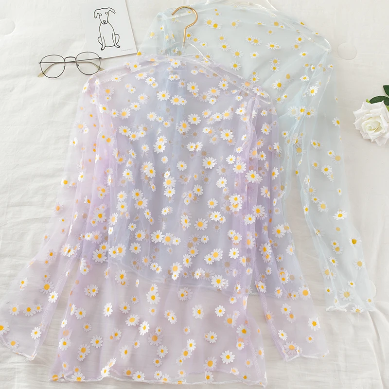 

2020 Women Summer Long Sleeve Stand Collar Embroidery Floral Voile Basic Lace Shirt Elegant Lady Mesh Gauze Pullover Blouse Tops