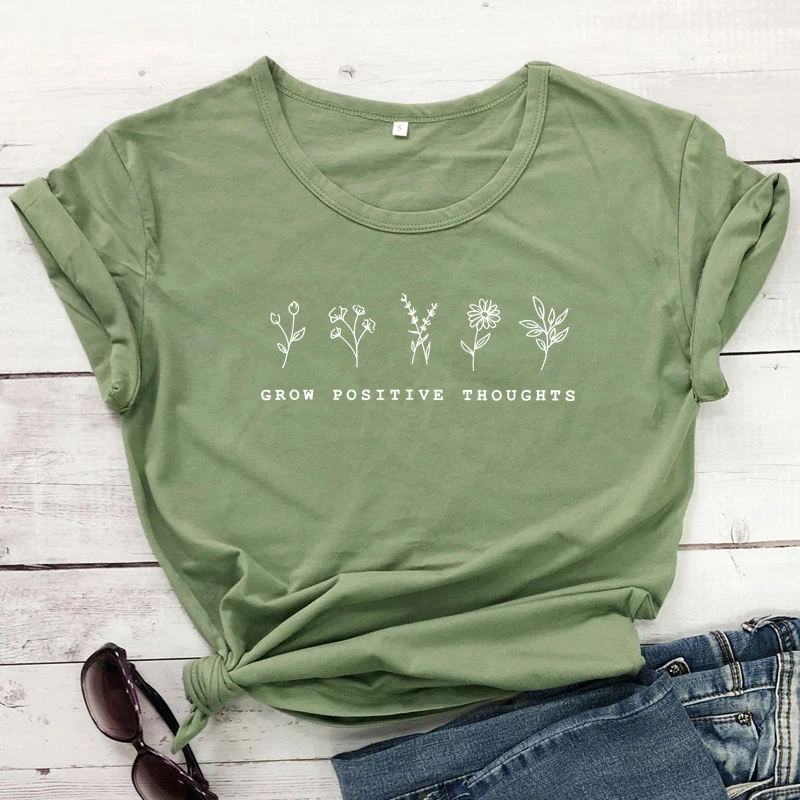 Футболка с надписью «Grow положительные идеи» винтажная женская футболка с цветочным принтом летняя вдохновленная футболка в стиле бохо - Цвет: olive-white text
