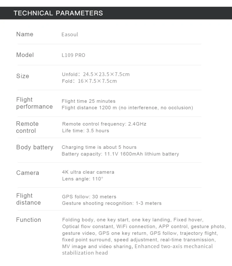 L109 Pro Drone, Easoul Model L1og PRO Size Unfold : 24.5x2