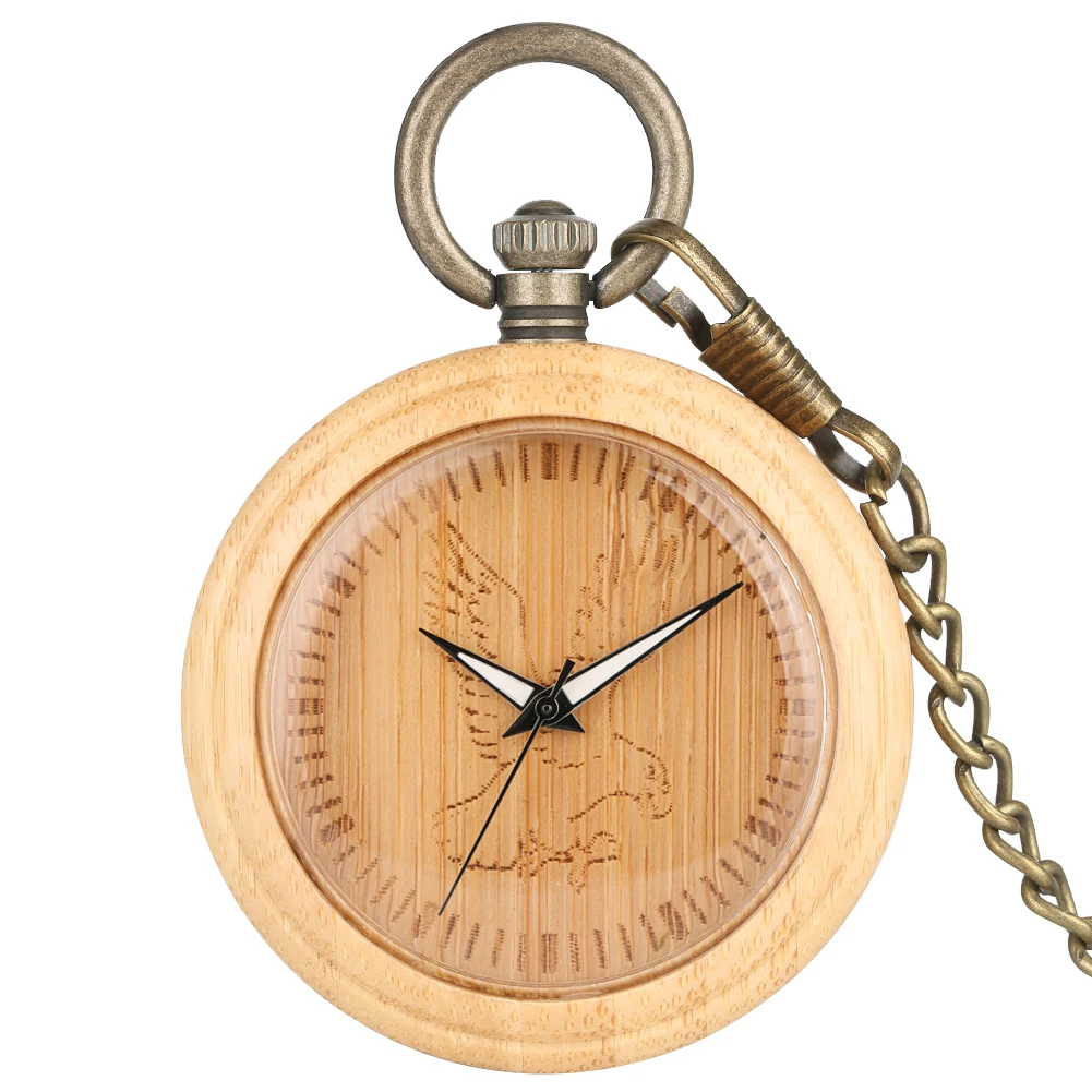 Natural Bamboo Pocket Watch For Men Eagle Pattern Dial Neckalce Clock Bronze Chain Wooden Pendant Watch 5