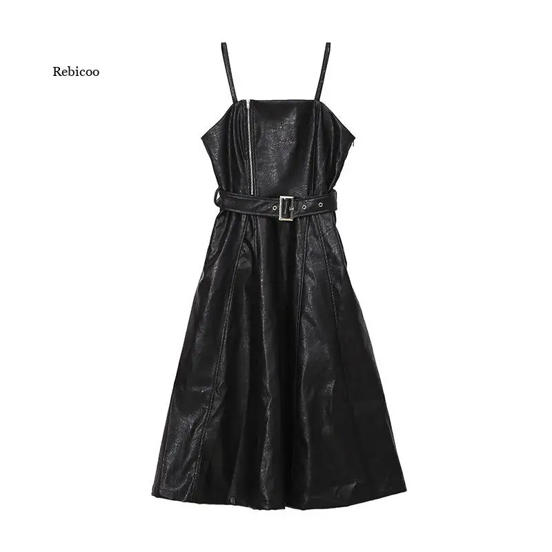 

2021 New Autumn Winter Strapless Black Pu Leather Long Dress Women High Waist Belt Zipper Loose Leather Dress Vestidos