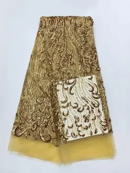 

High-end fashionable African Sequins embroidery lace with golden sparkle embroidery,special fabrics for Wedding clothing fabrics
