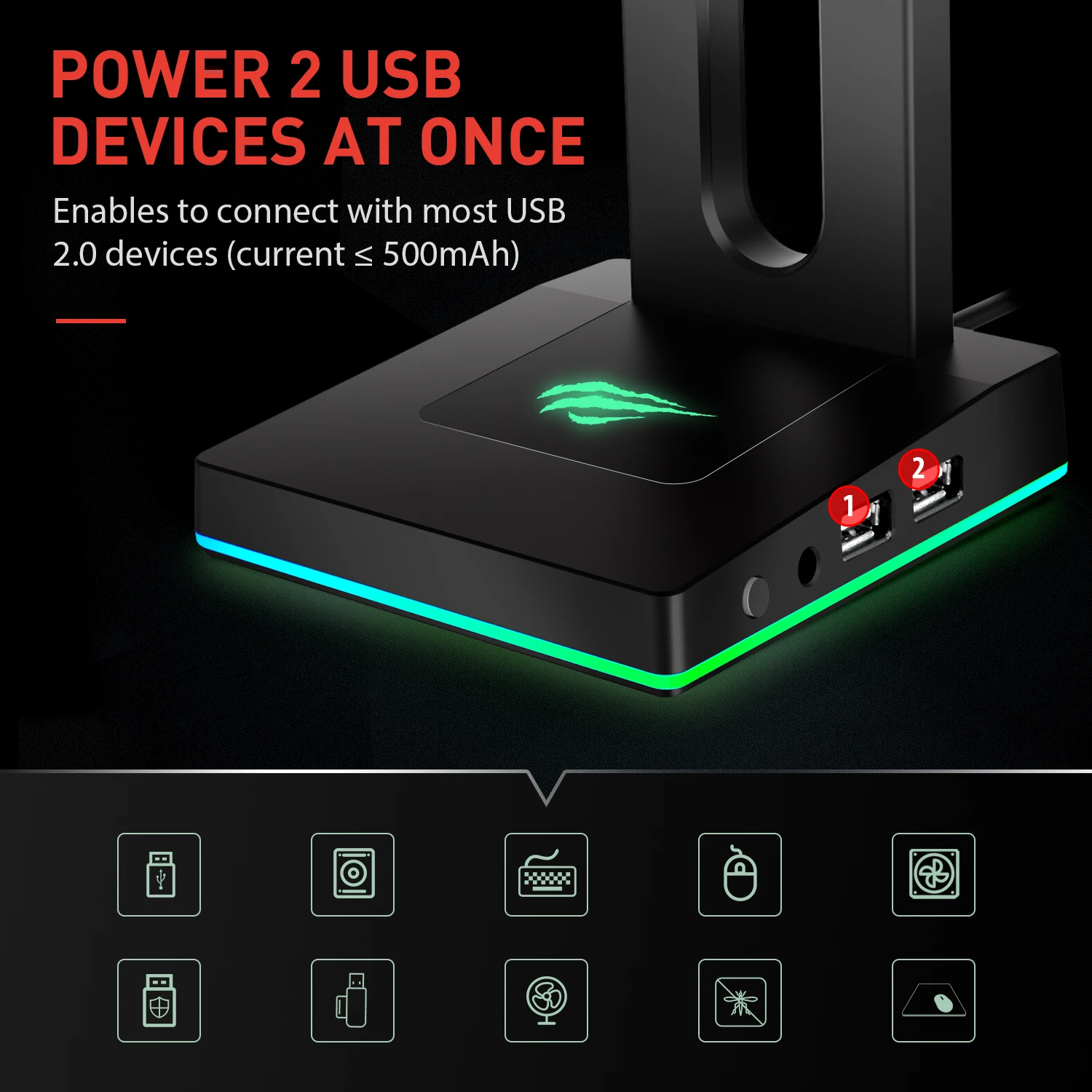 Havit RGB Headset Stand with 3.5mm AUX and 2 USB Ports
