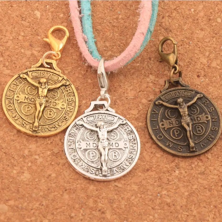 60PCS Zinc Alloy  Saint Jesus Benedict Nursia Patron Medal Crucifix Cross Clasp European Lobster Trigger Clip On C1658