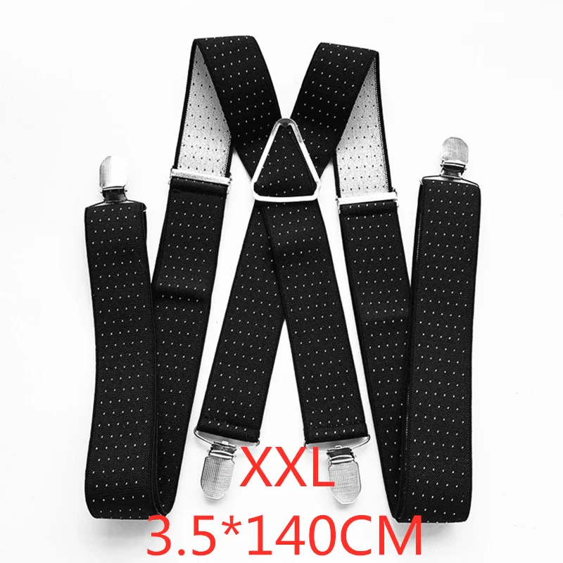 Black-140cm Мужские подтяжки 3,5 см с принтом в горошек, высокое качество, 4 зажима, подтяжки, регулируемые эластичные подтяжки размера плюс, Женская праздничная одежда - Цвет: Black-140cm