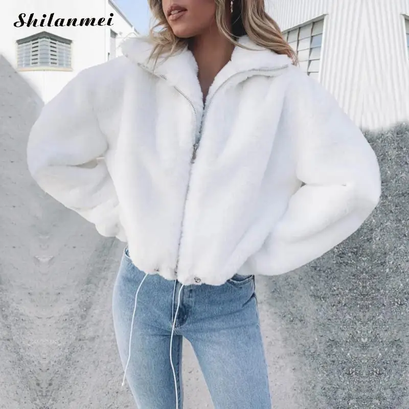 

Shilanmei Faux Fur Long Sleeve Coat Warm Artificial Fur Women Jacket White Faux Rabbit Fur Coats 2019 Autumn Winter Streewear