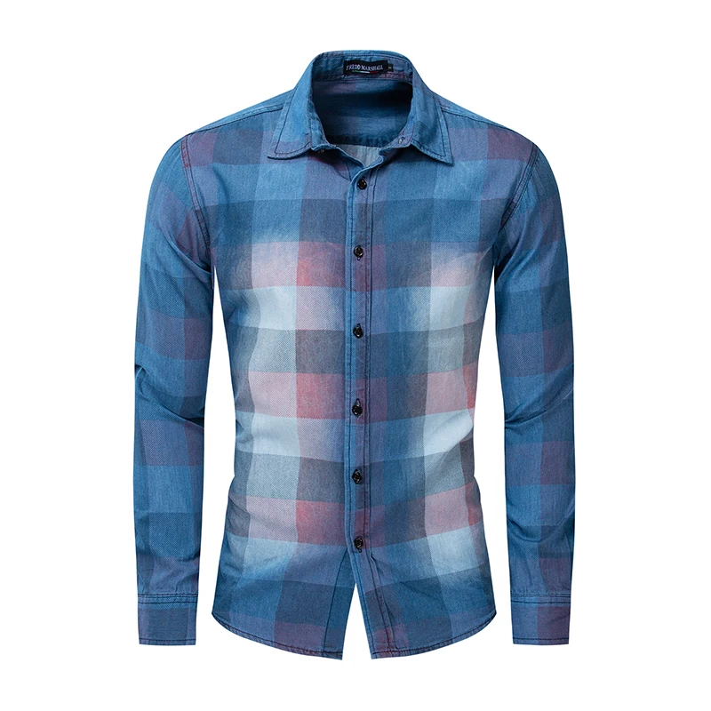 

Men's Shirts New Autumn And Winter Denim Plaid Shirt Men's Long-sleeved Shirt Europe And Large Size Long-sleeved Shirt