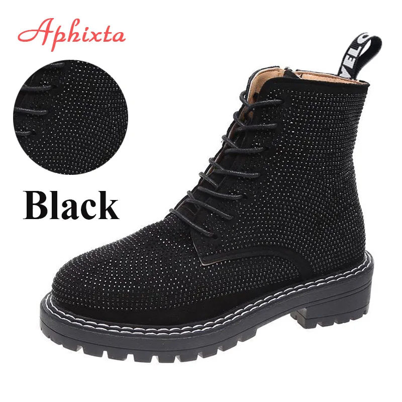 30Black Aphixta/; зимние женские ботильоны для девочек; женская обувь с круглым носком на молнии; студенческие ботинки с кристаллами; ботинки из коровьей замши на квадратном каблуке - Цвет: 30Black