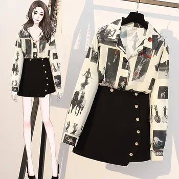 

Autumn Winter Women Clothing Casual Two Piece Set Printed Tops And Mini Skirt Matching Set Outfit Plus Size 4XL Office Lady Suit