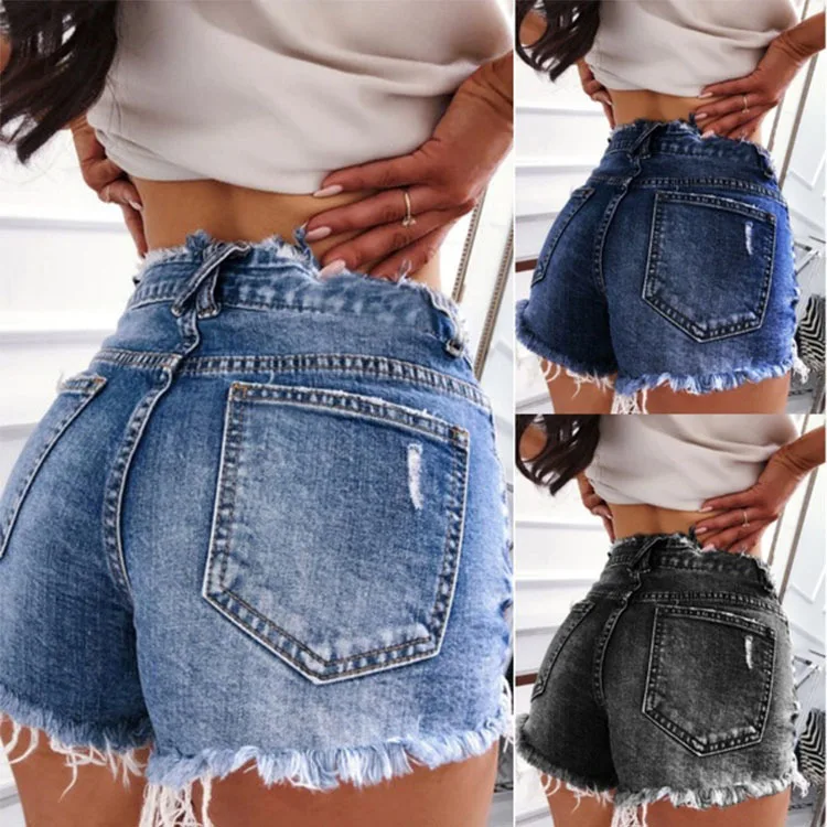 

Factory direct selling eBay hot selling hot women's clothing sexy tight and perforated jeans hot shorts