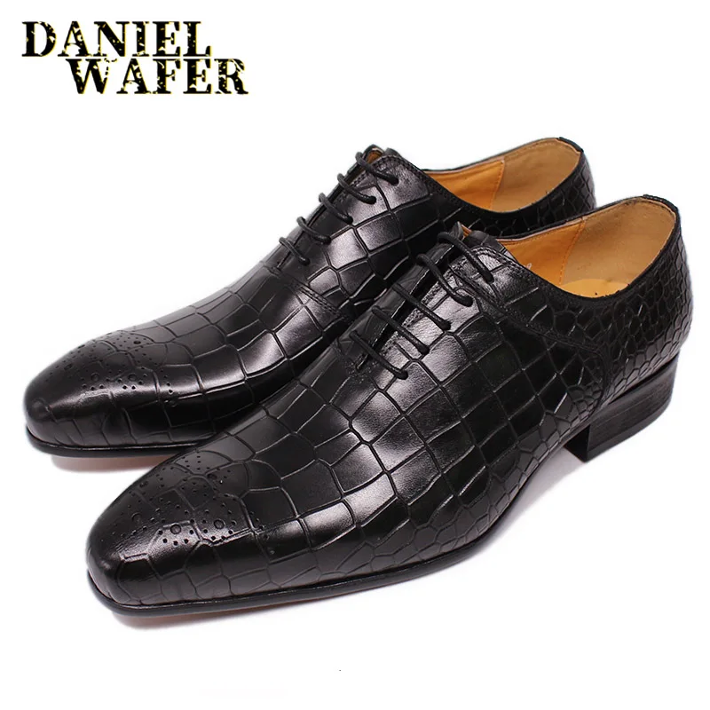 

LUXURY MEN LEATHER SHOES BLACK RED CROCODILE SKIN PRINTS LACE UP POINTED TOE OFFICE WEDDING SHOES FORMAL DRESS MEN OXFORD SHOES
