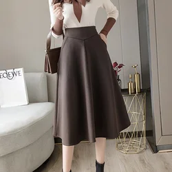 Nova chegada de cintura alta saia de inverno feminino 2021 senhora do escritório bolsos a linha elegante na altura do joelho saias de lã cáqui preto faldas