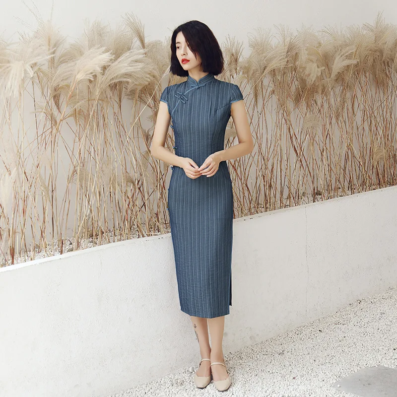 

Cotton Linen Blue Young Lady Short Sleeve Cheongsam Chinese Traditional Mandarin Collar Casual Dress Sexy Evening Party Gown