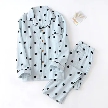 

New Cotton Lounge Wear Set Autumn Men Women Polka Dot Long-sleeved Trousers Cardigan Pajamas Suit Couple Loose Crepe Nightwear