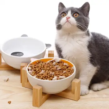 

Dog Cat Food Water Feeder Pet Puppy Ceramic Drinking Dish Bowl with Wooden Rack 667B