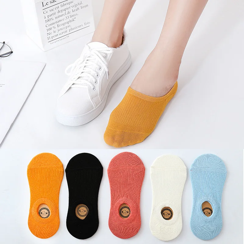 

10 pieces = 5 pairs Women Invisible Shallow Mouth Sock Slippers Fashion Solid Color Cotton Non Slip Breathable Short Ankle Socks