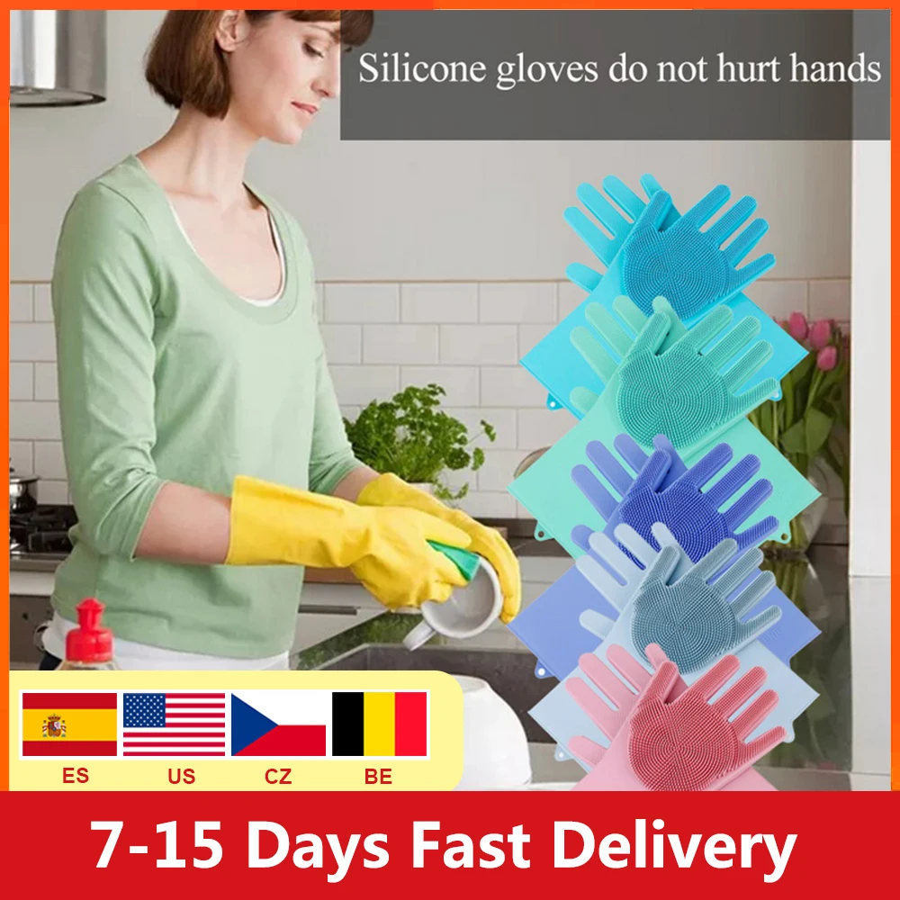 USA Spain Fast Delivery 2Pcs/Pair Silicone Kitchen Cleaning Dishwashing Gloves Magic Scrubber Rubber Dish Washing Tools | Дом и сад