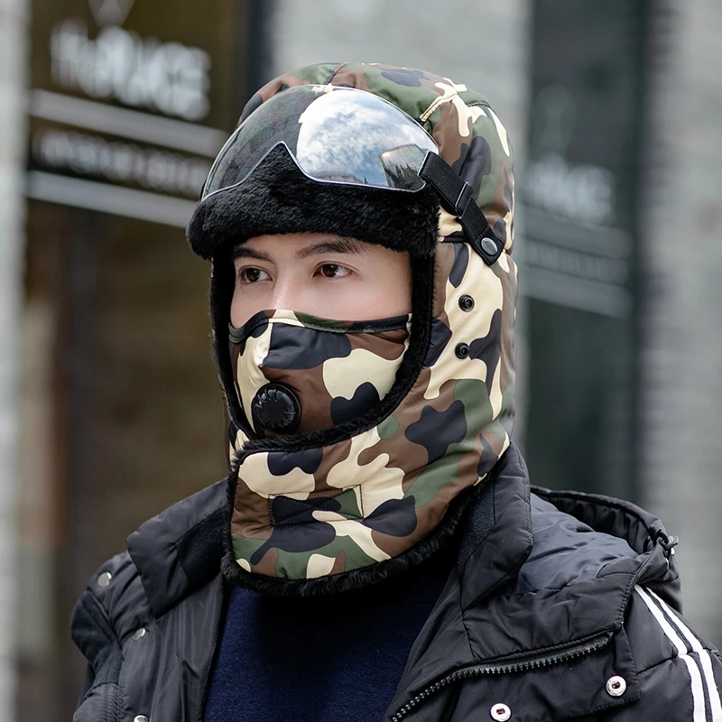 

Unisex Camouflage Winter Hats With Mask Bomber Hat Russia Trapper Cap Male Glasses Faux Fur Earflap CAP