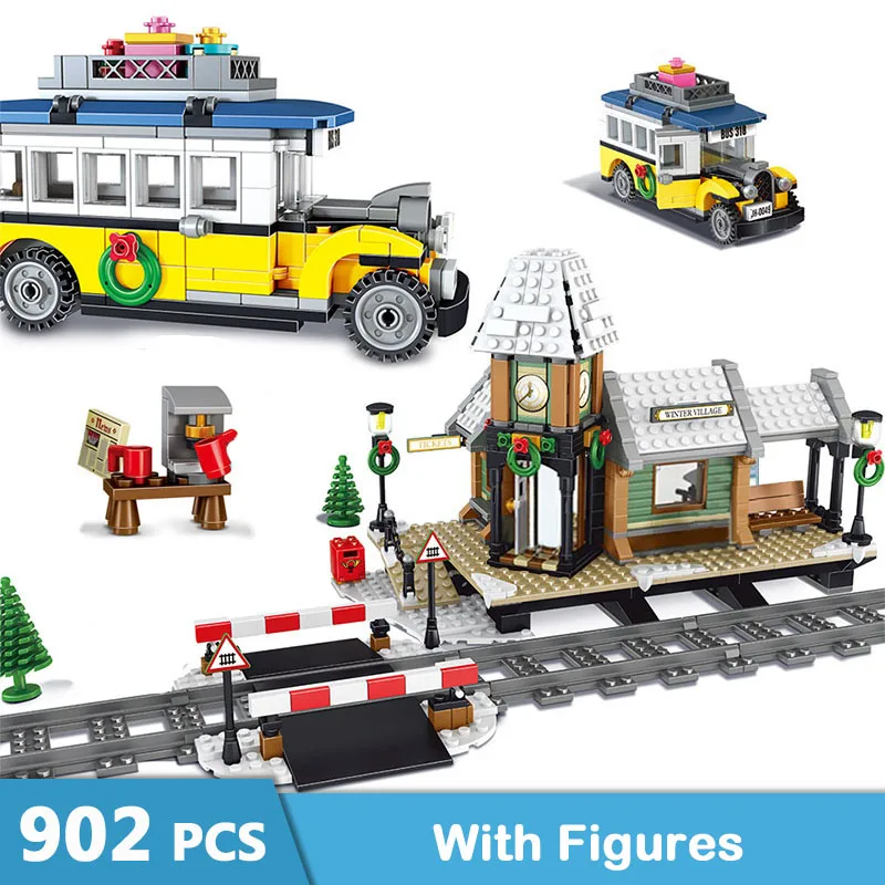 

902pcs Winter Village Train Station Car Building Blocks Compatible Legoinglys Creators City Bricks Friends Toys for Children