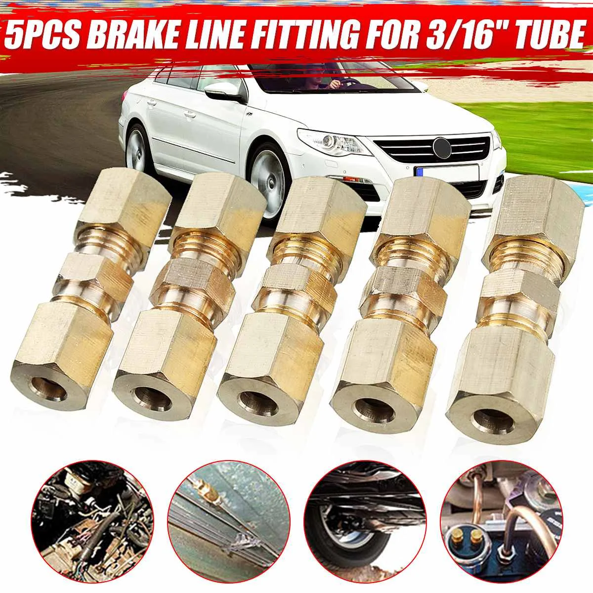 5pcs Brass Straight Reducer Compression Fitting Connector 3/16" OD Tube Hydraulic Brake Lines Union 33 x 10mm