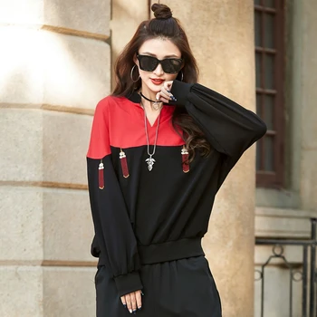

Spring 2020 fashion loose thin hooded printed lantern fashion top for women Long sleeve color patchwork Casual T shirts female