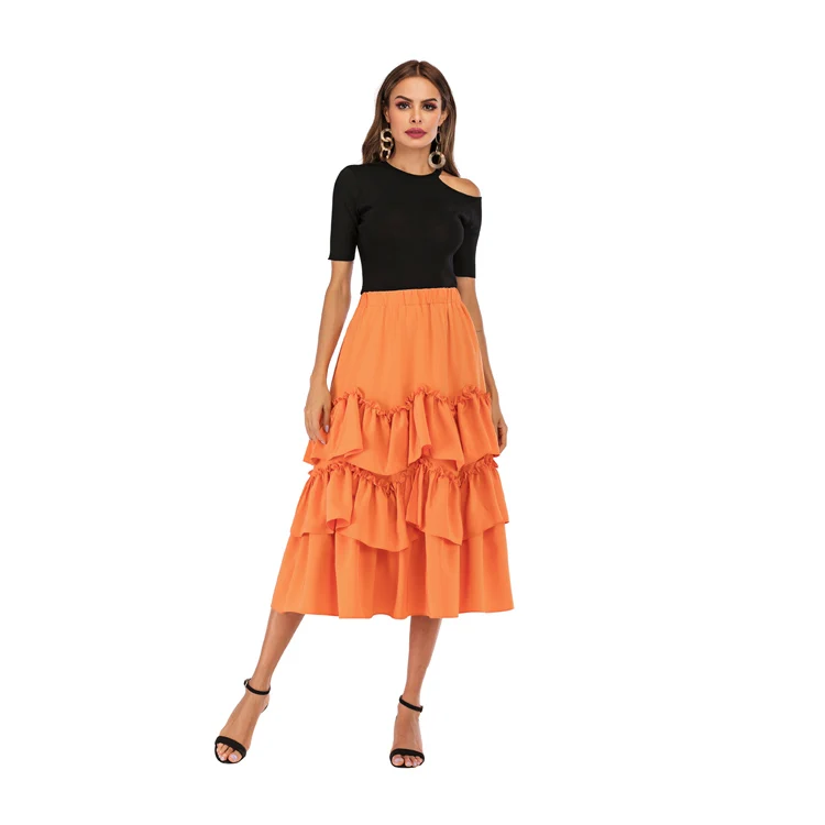 JINYAO Летние Плиссированные пышные миди женские юбки с высокой талией расклешенные черные уличные Асимметричные Бальные юбки - Цвет: Оранжевый