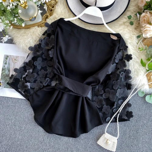 black Neploe, осень, весна, новинка, тонкая приталенная блузка на шнуровке, с круглым вырезом, в стиле пэчворк, с сеткой, с длинным рукавом, с аппликацией, блузки, элегантная рубашка - Цвет: black