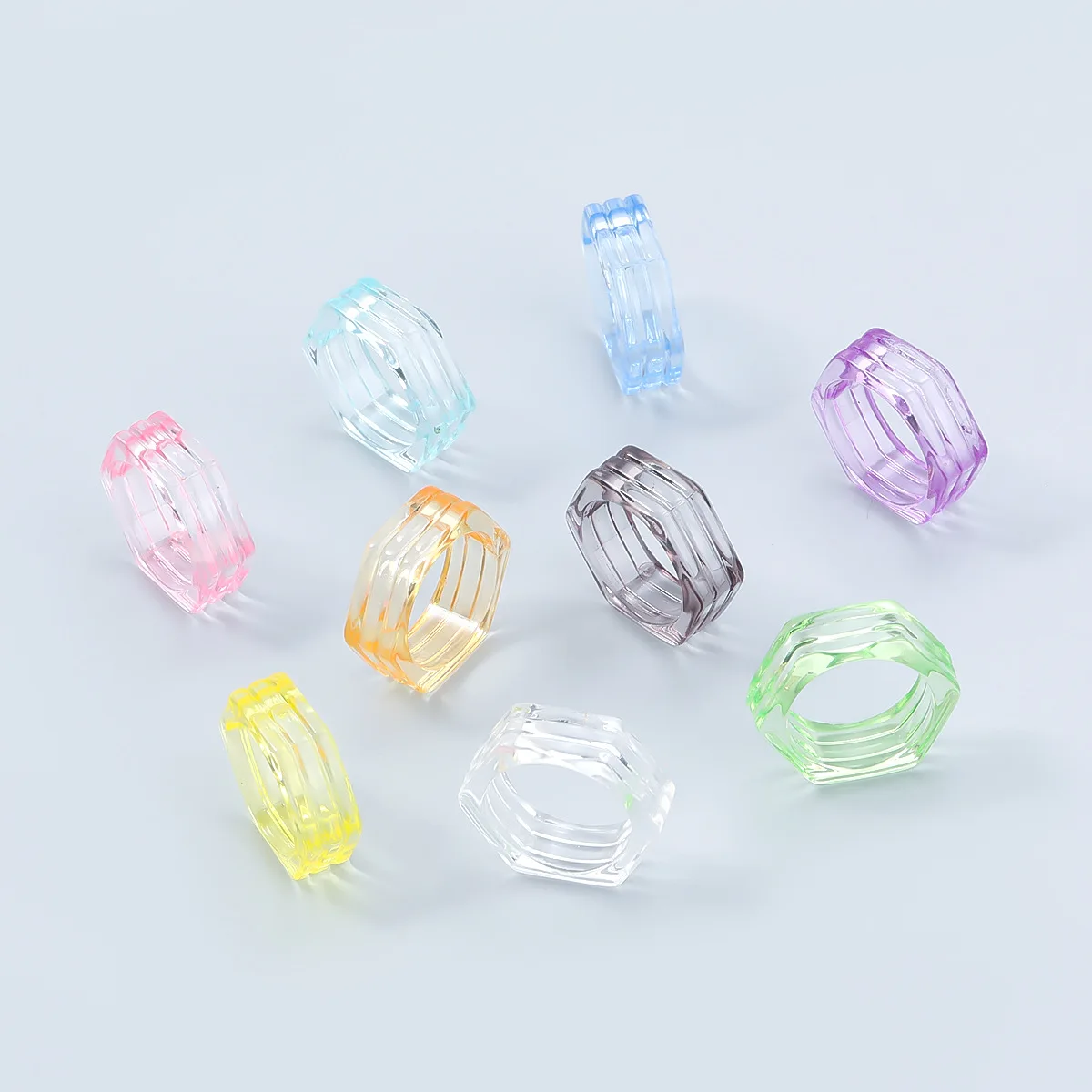 Fashion Candy Color Hexagon Transparent Resin Ring Couple Popular Hip-hop Ring Campus Party Accessories