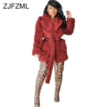 

Plus Size Faux Fur Fashion Thick Outwears Women Turn Down Collar Long Sleeve Coat Autumn Winter Solid Wool Warm Sashes Jacket