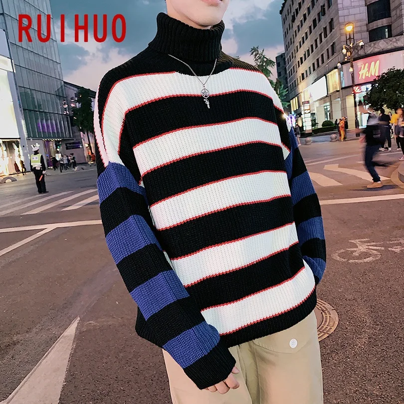 RUIHUO, новинка, Осень-зима, полосатый теплый свитер с высоким воротом, Мужской Повседневный свитер, Мужская водолазка, вязаный пуловер, Мужская M-2XL