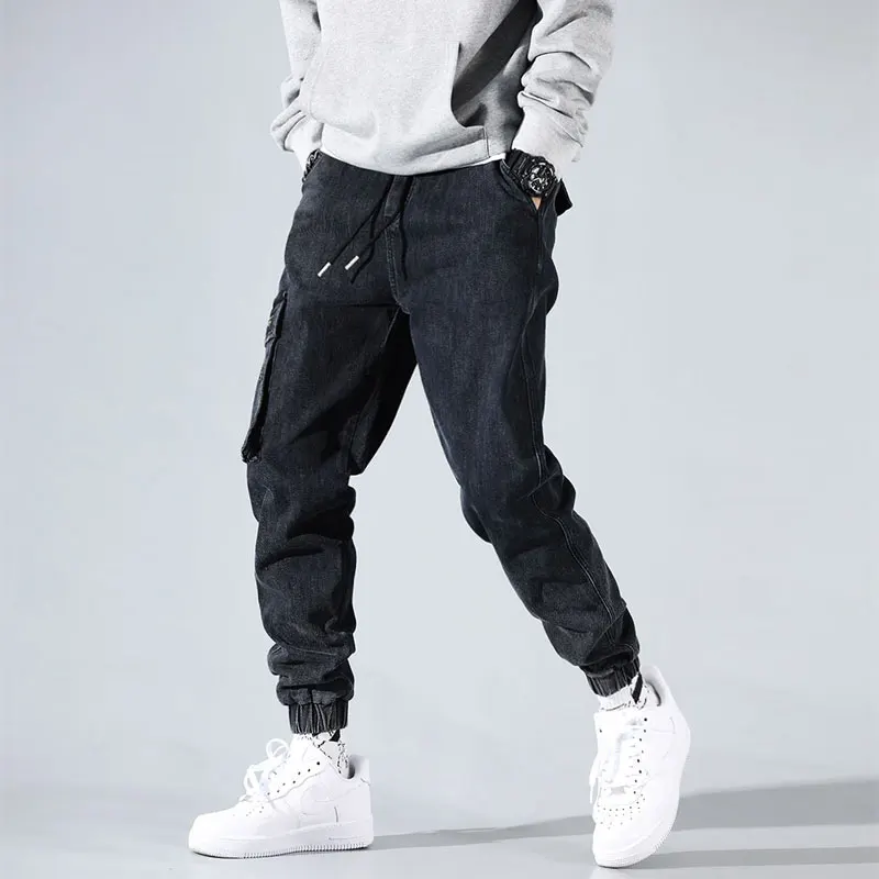 Seller Japanese Fashion Men Jeans Black Gray Loose Fit Multi Pockets Cargo Pants Harem Trousers Streetwear Hip Hop Jeans Men Joggers